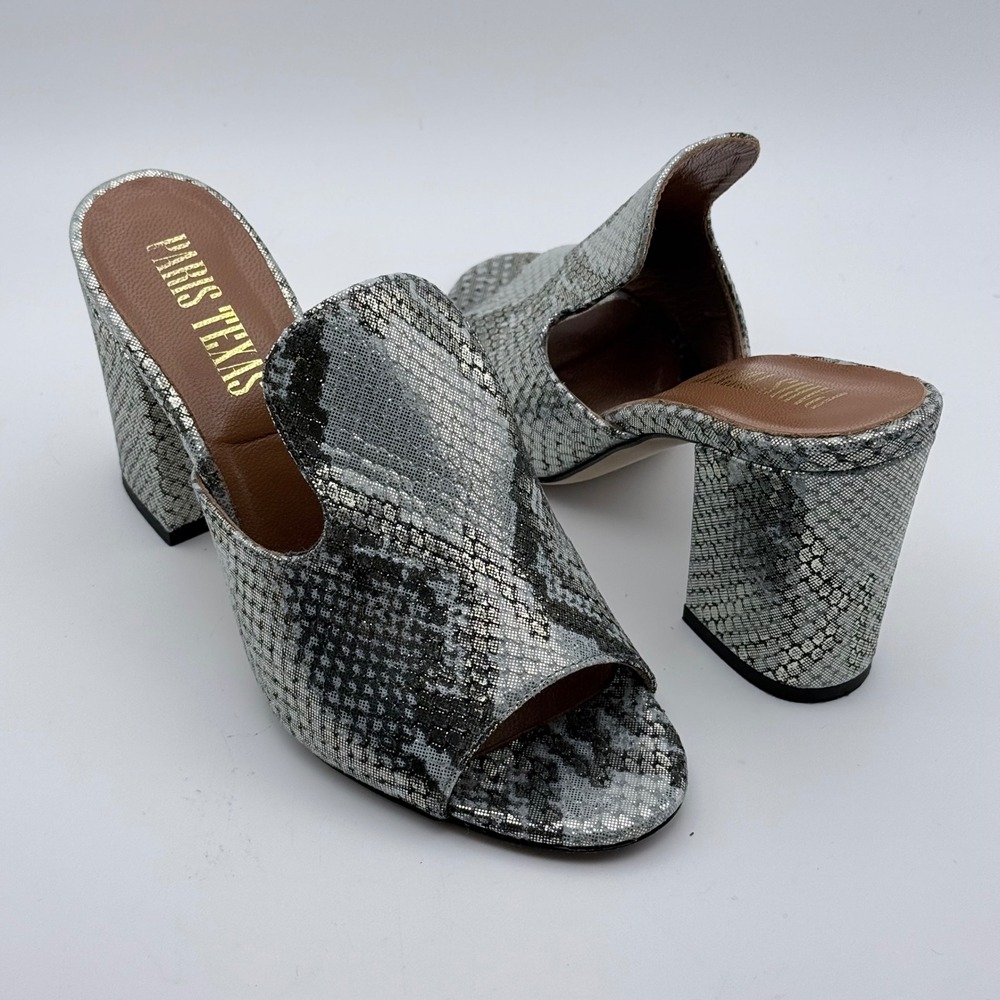 Paris Texas Silver Snakeskin Embossed Leather Block Heel Mules Sandals Size 36‎